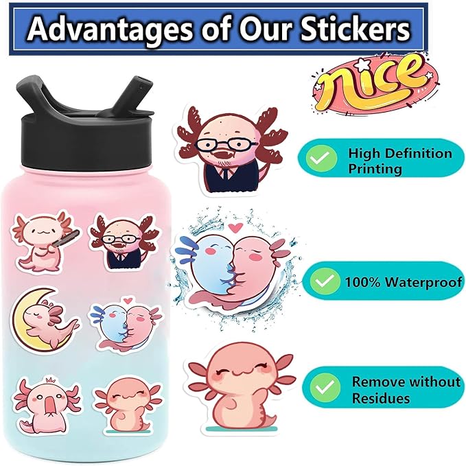 50Pcs Axolotl Sticker, Cute Salamander Stickers for Kids Teens Adults, Vinyl Cartoon Pink Animals Decals Kawaii Axolotls Sticker for Decor Water Bottles Laptops Guitar Scrapbook (Axolotl)