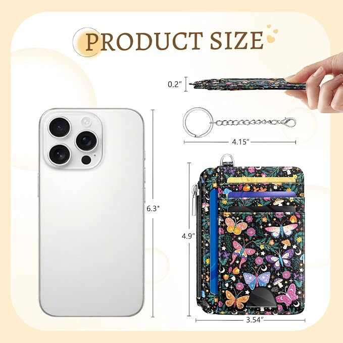 Kelvoris Credit Card Holder Small Wallet Women, Slim RFID, Butterflies | Keychain, Zipper Coin Pocket, Front Pocket Thin Travel Card Case, Minimalist, 6 Card Slots, 1 ID Window, Ladies Gifts Woman