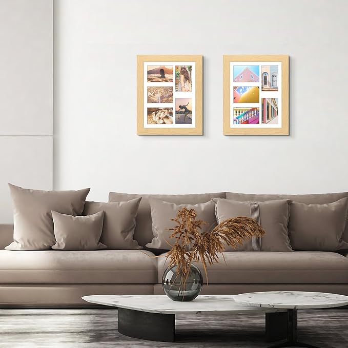 11x14 Picture Frame Display 5 opening 4X6 Picture Frame Collage,Multi Photo Frame with Mat,Plexiglass,Wall or Tabletop Decor,Natural Wood Grain