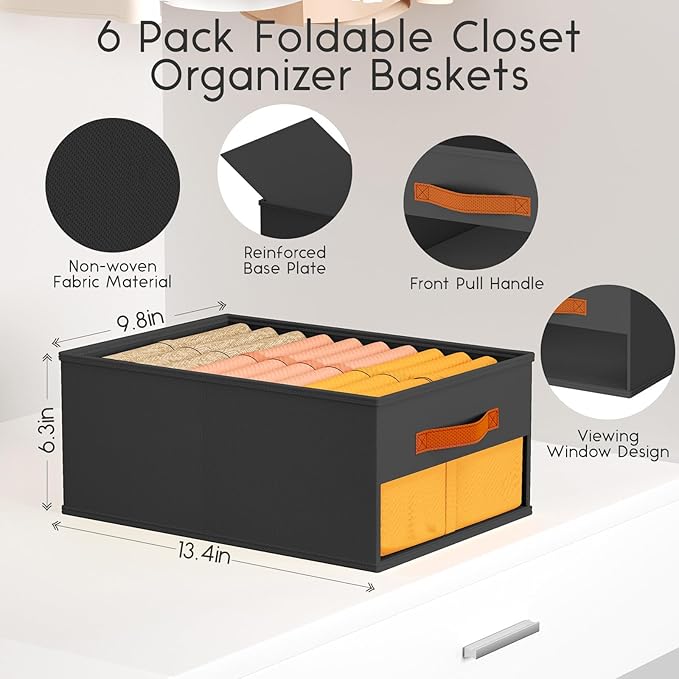 Drawer Organizers and Storage - 6 Pack Foldable Pants Organizer with Clear Window & Handles, Fabric Closet Organizer for Clothes, Jeans, Sweaters, Towels, T-shirt, Scarf (Black)