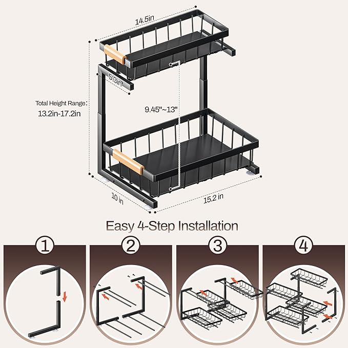 ADBIU Under Sink Organizer 2 Pack, 2 Tier Pull Out Cabinet Organizer with Expandable Height (13.2"-17.2"), Slide Out Metal Storage Shelves for Kitchen, Bathroom, Pantry and Under Cabinet