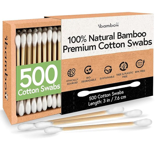 Ibambo 100% Bamboo Ear Swabs Cotton (500-Pack) | Biodegradable Double Tipped Bamboo Ear Cleaner | Eco Friendly Beauty & Personal Care | FSC Certified & Hypoallergenic | Suitable for All Ages & Pets