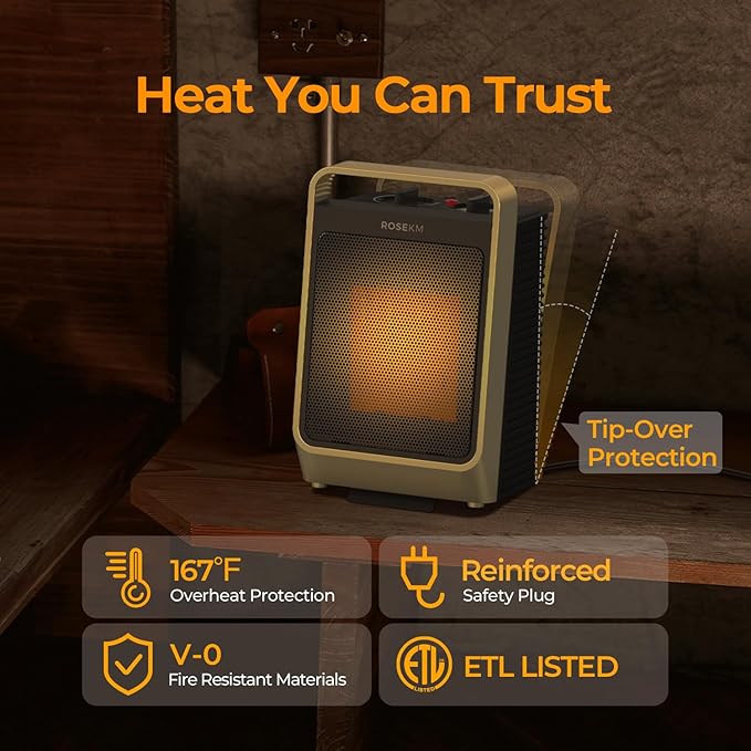 Space Heaters for Indoor Use, 1500W Portable Electric Heater with Thermostat, Ceramic Heater for Room Bedroom Office Under Desk with 3 Heating Levels, Safe Tip-Over Protection (Gold)