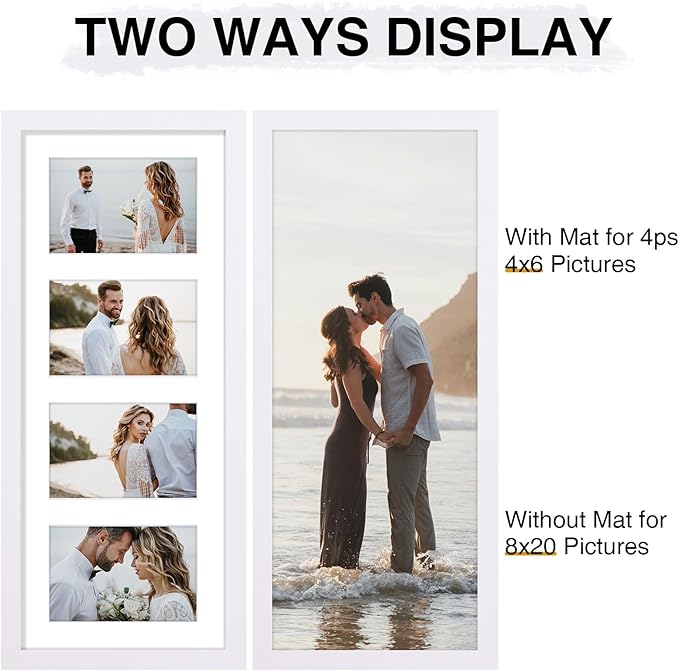 Vittanly 8x20 Collage Picture Frame, Displays 4Pcs 4x6 Pictures with Mat or 1Pcs 8x20 without Mat, Picture Frames Collage Wall Decor for Horizontal or Vertical Display, White, 1 Pack