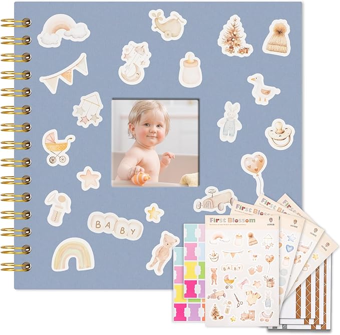 Vienrose Kids Scrapbook Album 8.5"X8.3" with Window Silk Fabric Cover Acid-Free Pages Personalised DIY Photos Scrapbooking for Baby Memory Book, First Year Keepsake Journal Gift Boy Girl, Blue