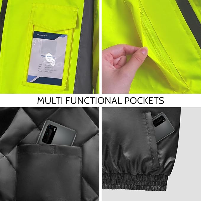 High Visibility Safety Jacket, Reflective Jacket with Pockets for Men& Women, Construction Coats for Winter Cold Weather, Waterproof High Vis Rain Gear, Class 3 Yellow-Black, M