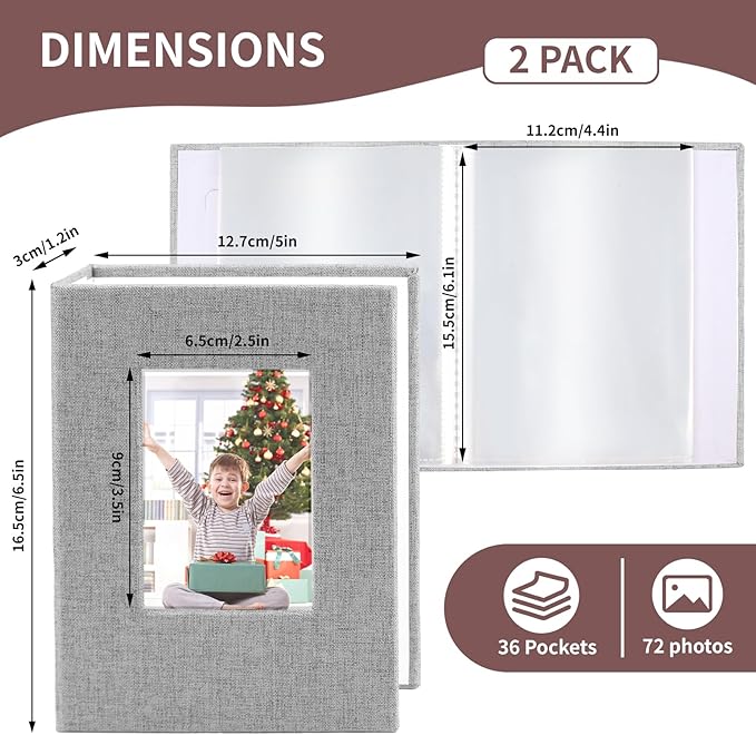 vivinin 2 Pack Photo Album 4x6, Linen Cover Photo Book, Small Photo Album Book for 36 Pockets Hold 72 Pictures, Picture Book for Photos Family Anniversaries Baby Vacations（Gray
