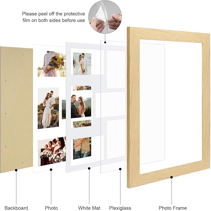 11x16 Picture Frame Display 3 opening Picture Frame 5x7 and 8x10 Collage,Multi Photo Frame with Mat,Plexiglass,Horizontal and Vertical Formats for Wall Decor,Natural Wood Grain