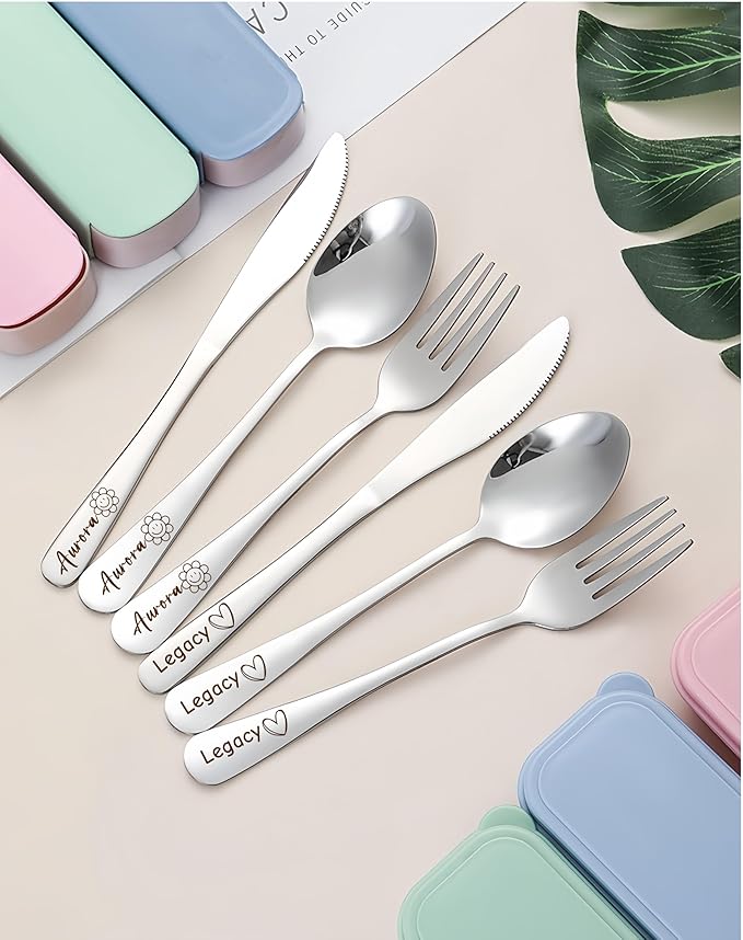 personalized travel Utensils Set with Case, Portable Silverware Set for Work, laser engraving Custom Name and patterns,Stainless Steel Reusable Travel Cutlery Set, Fork and Spoon Set for Camping