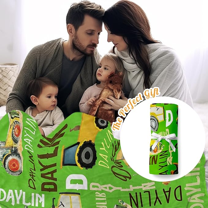 Personalized Tractors Blanket - Custom Name with Farm Tractor Trucks Design - Soft Plush Flannel Bed Blanket for Baby Kid Teen Boys Girls Customized Gifts Bright Green