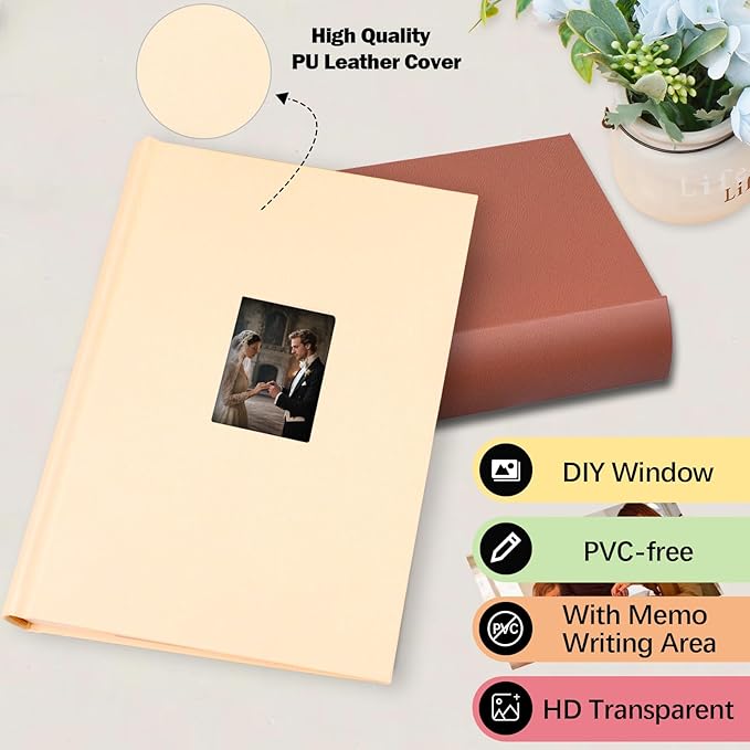 Ruibytree Photo Album with Writing Space 4x6 450 Photos,Leather Cover with Front Window Picture Album,4 x 6 Photo Book for Wedding Kids Travel Pets Family Baby Couple (Beige)