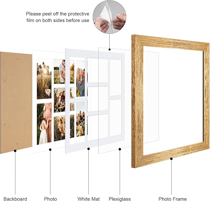 13.5x15.5 Picture Frame Display 7 opening 4X6 Picture Frame Collage,Multi Photo Frame with Mat,Plexiglass,Wall or Tabletop Decor,Gold