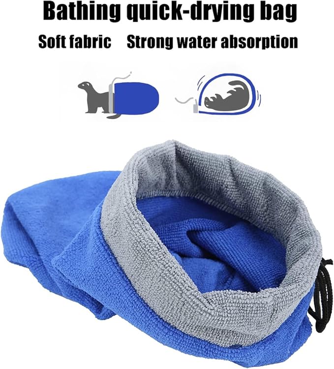 Ferret Bath Towel Bag Fast Drying Absorbent Bathrobe Adjustable Drawstring Bath Robe Small Animal Grooming Accessories for Rabbit Guinea Pig Hamster Cat (Blue)