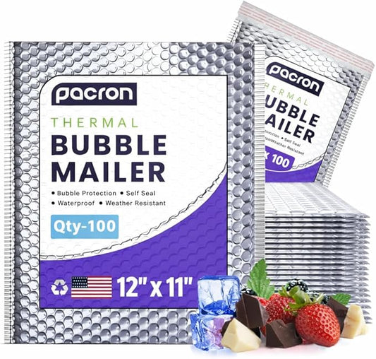100-Pack Insulated Silver Thermal Bubble Mailers 12 x 11 - Waterproof Metallic Foil Self-Sealing Padded Envelopes for Cold Shipping, Perishables, Food, Cosmetics, Pharmaceuticals