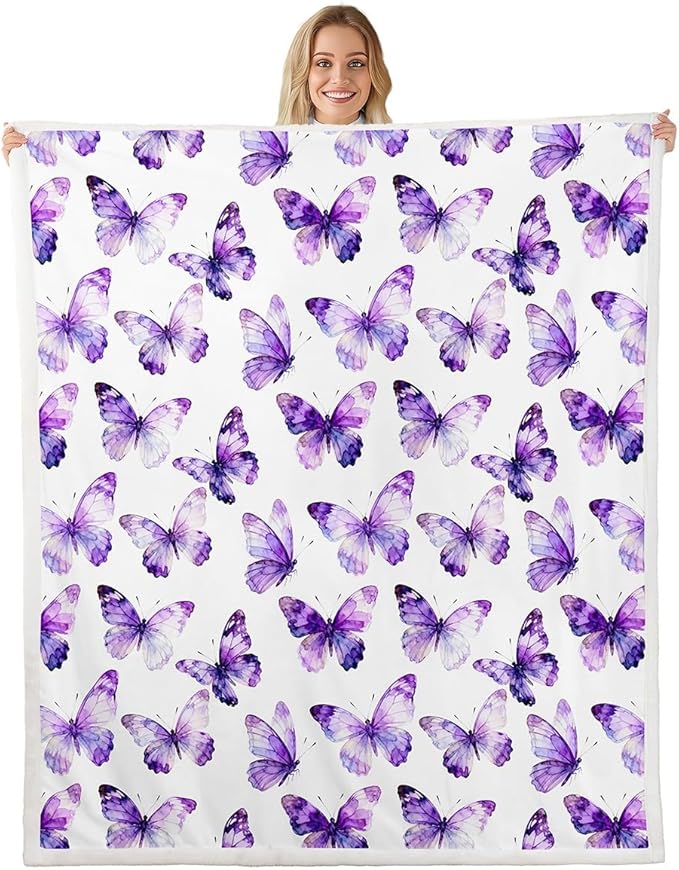 Feelyou Girls Purple Butterfly Fleece Throw Blanket Throw 50"x60" Kids Watercolor Sherpa Blanket Plush Fuzzy for Bed Couch Chair Living Room, Chic Gorgeous Bed Blanket Room Decor