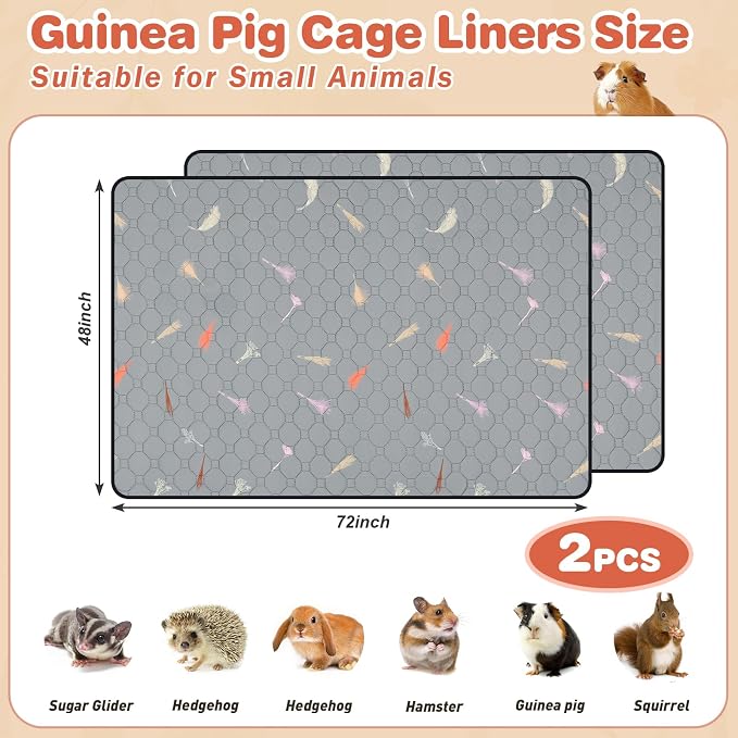 2Pcs Guinea Pig Cage Liners,Guinea Pig Fleece Cage Liners48''X72'' Super Absorbent Washable Pee Pads Reusable for Rabbit Hamster Chinchilla
