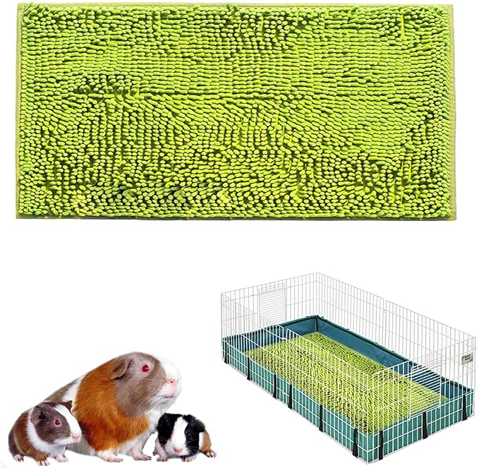 Guinea Pig Fleece, 47x24 in Cage Liner, Washable Non-Slip Mat（Green） | Chenille fleece, absorbent 3-layer design, non-slip TPR backing, machine washable, for small animal cages