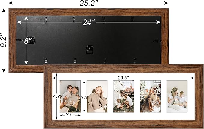 8x24 Picture Frame Display 5 opening 4X6 Picture Frame Collage,Multi Photo Frame with Mat,Plexiglass,Wall or Tabletop Decor,Carbonized Brown Wood Grain
