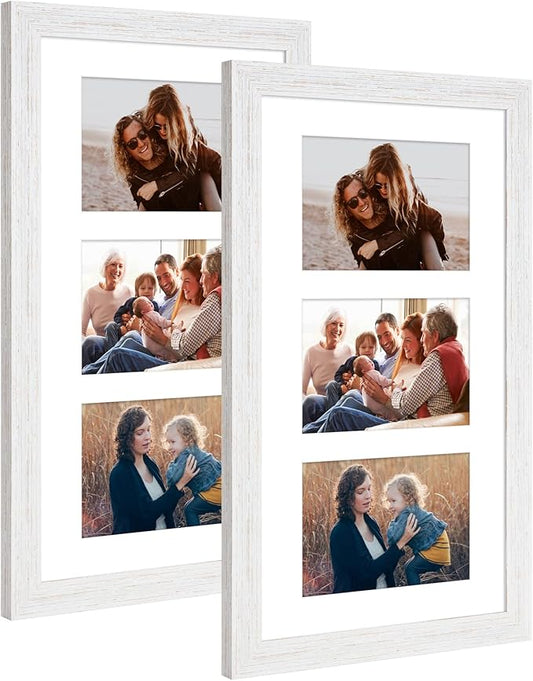 8x14 Collage frame with 3 Openings 4X6 Pictures, Multiple Picture Frame with Mat, Wall or Tabletop Decor, White Wood Grain,2 Pack