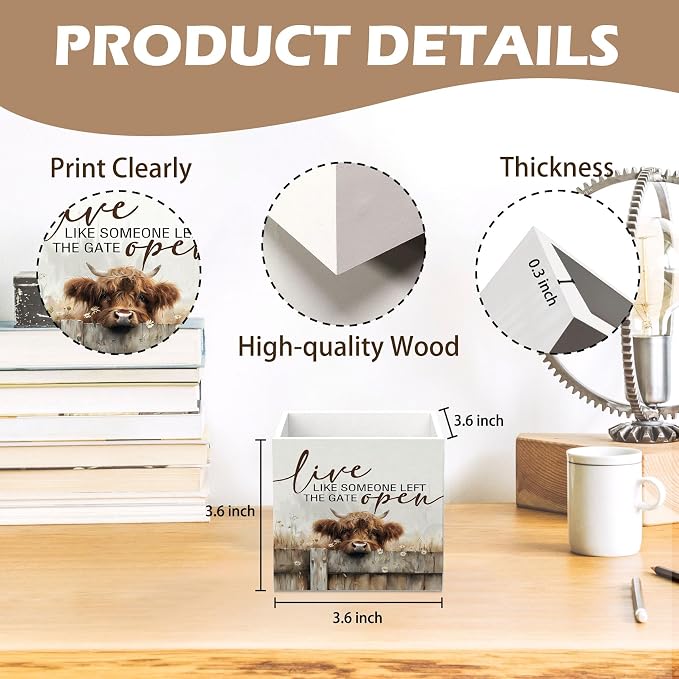 DILSJ Inspirational Highland Cow 1 Compartment Pen Pencil Holder for Desk,Highland Cow Gifts, Live Like Someone Left the Gate Open Wooden Box Signs Organizer for Home Office Desk Tabletop Decoration