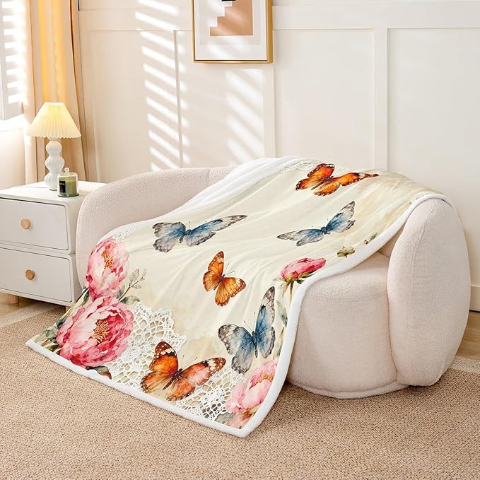 Feelyou Girls Butterfly Fleece Throw Blanket Baby 30"x40" Kids Colorful Sherpa Blanket Plush Fuzzy for Bed Couch Chair Living Room, Chic Gorgeous Bed Blanket Noble Flower Room Decor