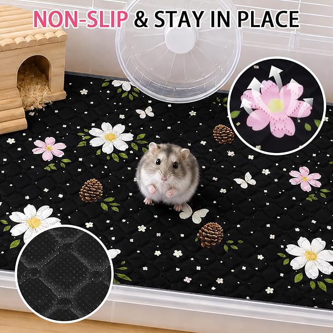 Guinea Pig Cage Liner 2 Pack Super Absorbent Washable Guinea Pig Pee Pads Waterproof Reusable Anti Slip Bedding Pee Pad Mat for Rabbit Bunny Rat Cat (Flowers, 28" x 14" (2 Pack))