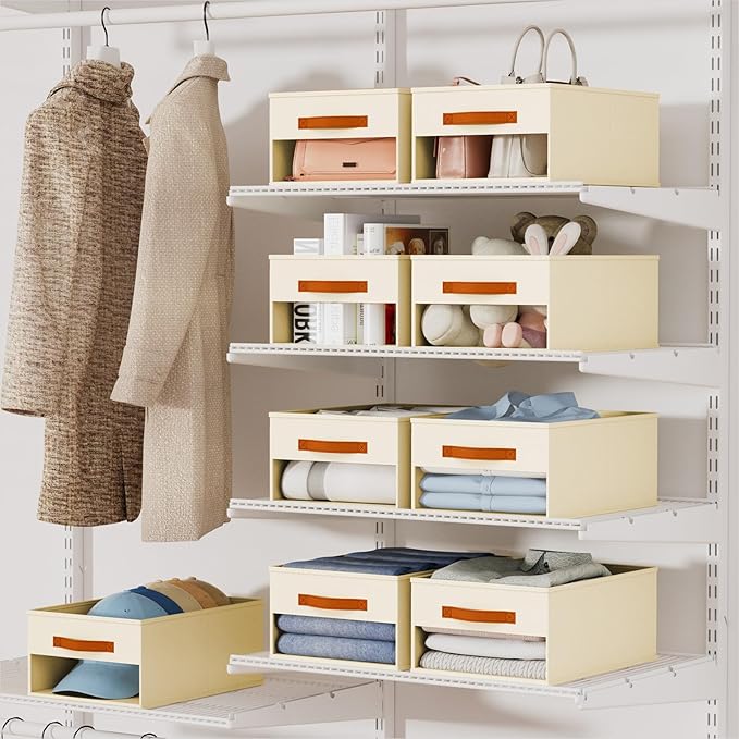 Drawer Organizers and Storage - 6 Pack Foldable Pants Organizer with Clear Window & Handles, Fabric Closet Organizer for Clothes, Jeans, Sweaters, Towels, T-shirt, Scarf (Beige)