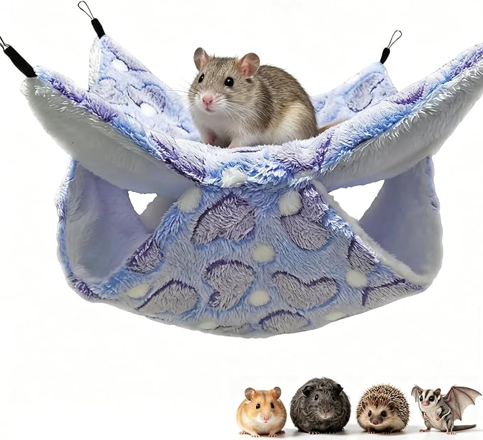 Guinea Pig Ferret Hammock for Cage - Machine Washable Double-Decker Hanging Bed - Fits Sugar Glider,Fancy Rat,Hamster,Gerbil - 13.3" x 13.3" - Love Purple Pattern