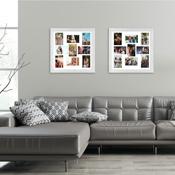 17x17 Picture Frame Display 9 opening 4X6 Picture Frame Collage,Multi Photo Frame with Mat,Plexiglass,Wall Mount Decor,Distressed White Wood Grain