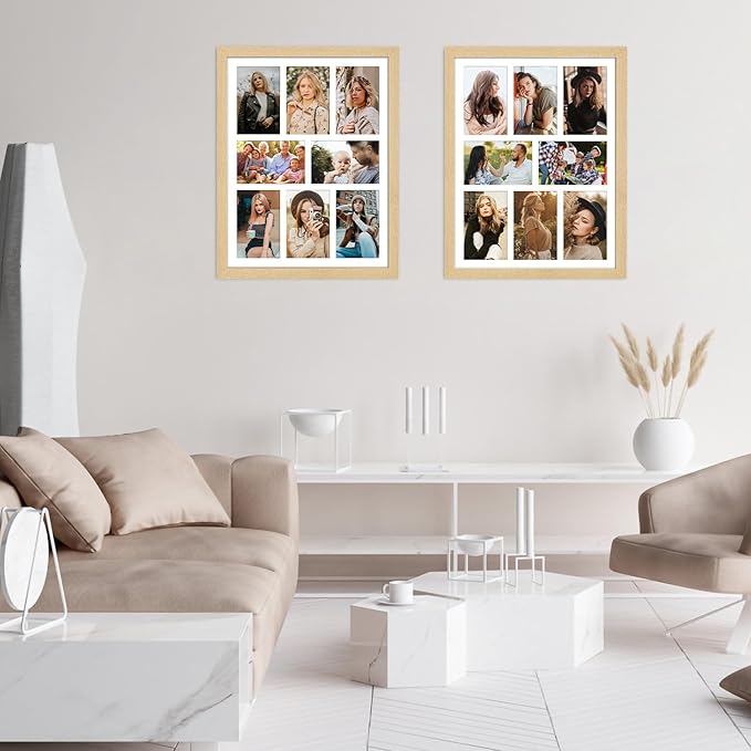 13x17 Collage frame with 8 Openings 4X6 Pictures, Multiple Picture Frame with Mat, Wall or Tabletop Decor, Natural Wood Grain,2 Pack
