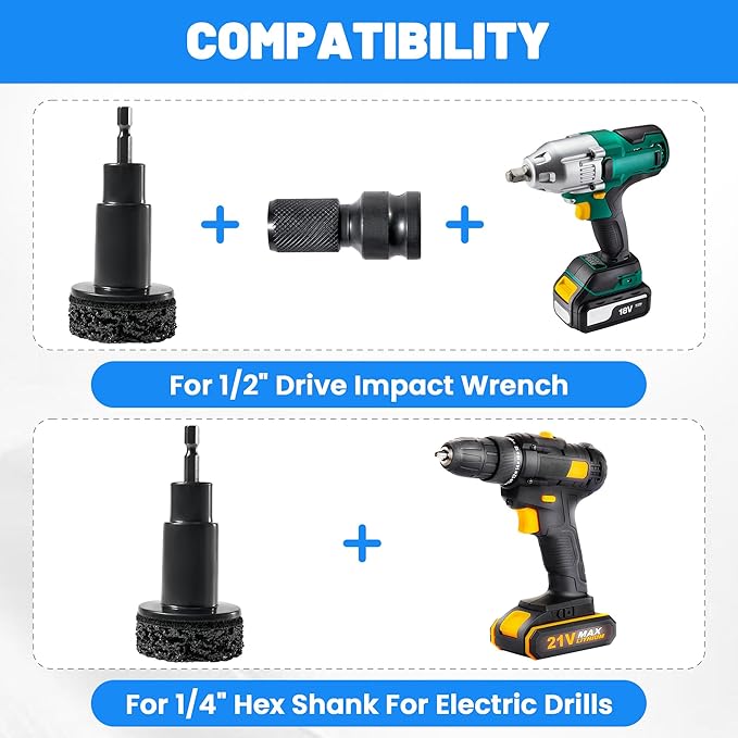 Wheel Hub Cleaning Tool Kit, Drill-Powered Wheel Stud Cleaner Includes 5 Pads, Fits Power Drill & 1/2" Impact Driven Wrenches, Quick Rust Removal, Surface Resurfacing for Lug Stud and Rotor