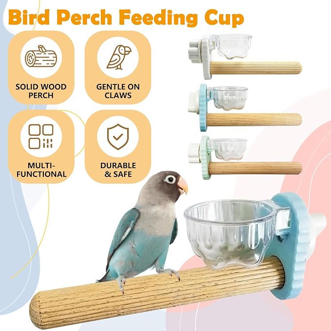 Kathson 3Pcs Bird Perch Feeding Cup Natural Wood Perches with Removable Bird Feeder for Cage Parrot Stand for Parakeets, Budgies, Cockatiels,Parrots, Birds Chewing Stick (Blue)