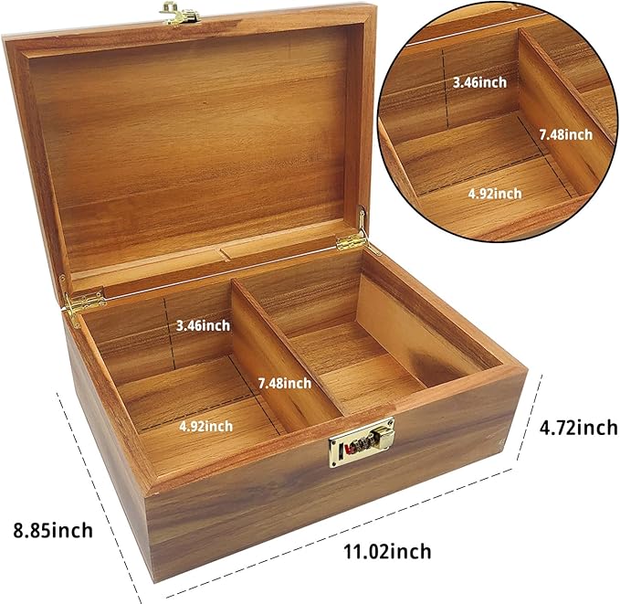 Large Wood Box Decorative Acacia Wooden Storage Box with Combination Lock With Adjustable Divider Wooden Keepsake Box with Hinged Lid Chest Stash Boxes Decorative Lockable Chest Box(Secret Grid)