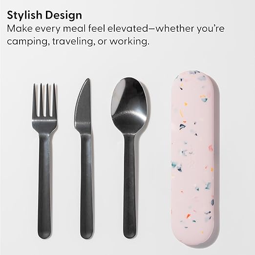 W&P Porter Stainless Steel Utensils with Silicone Carrying Case | Cream | Spoon, Fork & Knife for Meals on the Go | Portable and Compact Set