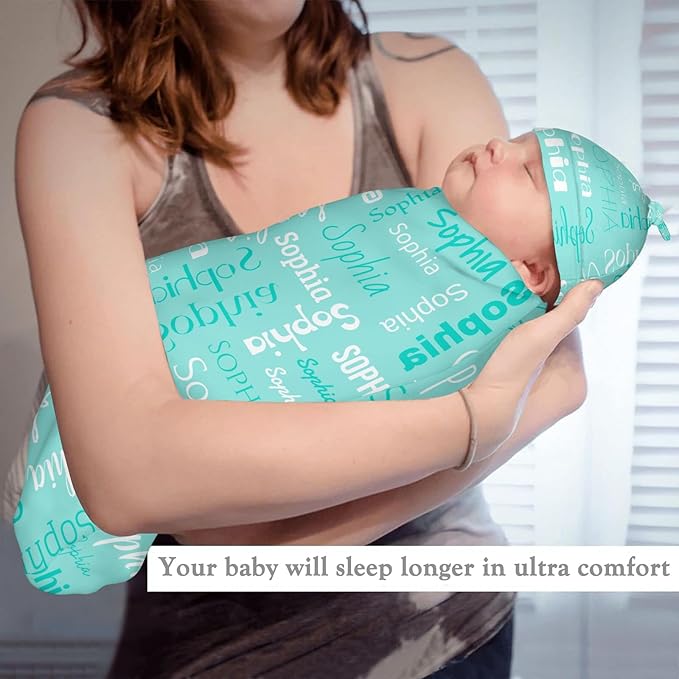 Personalized Baby Swaddle Blanket for Boys Girls Name Lettering Mint Green Custom Name Receiving Soft Blanket with Cap for Newborn Soft Sleeping Sack