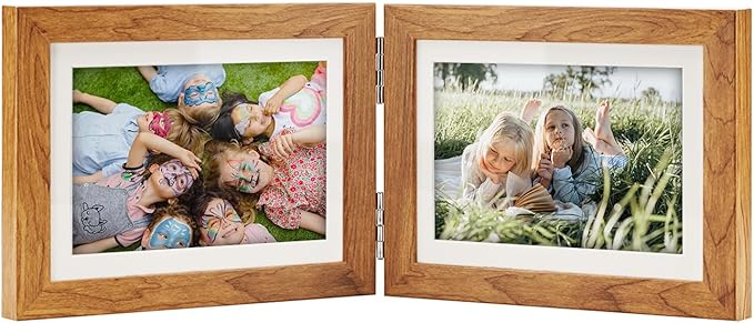 Double Hinged 5x7 Picture Frame with Tempered Glass-Tabletop or Wall Mounted, Display for 4x6 & 5x7 Photos (with/without Mat)-Rustic Brown, For Family Photos & Wedding Memories-Z75X2