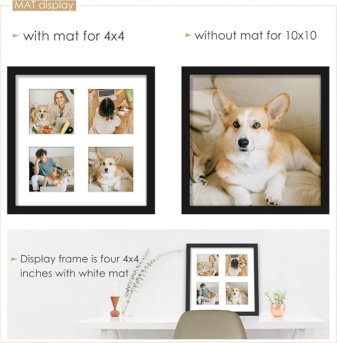 10x10 Collage Picture Frame 4x4 Picture Frames Collage Wall Decor Displays Four 4x4 inch Photos Available Horizontal Wall Mounting Display and Vertical Black