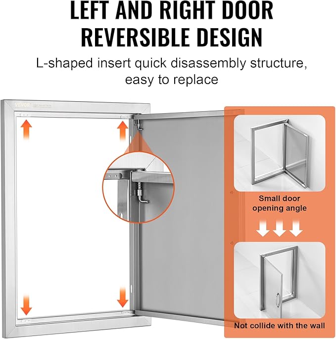 VEVOR BBQ Access Door, 18W x 24H Inch Single Outdoor Kitchen, Stainless Steel Flush Mount, Wall Vertical With Handle, for BBQ Island, Grilling Station, Outside Cabinet