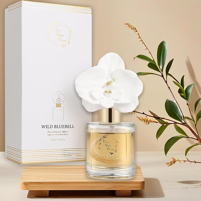 Reed Diffuser Set, Pretty Valley Home Diffuser Gypsum White Orchid Flower Oil 120Ml / 4.05fl OZ Gift Box for Bathroom Office Bathroom Living Room Decor, Long Lasting Fragrance (Wild Bluebell)
