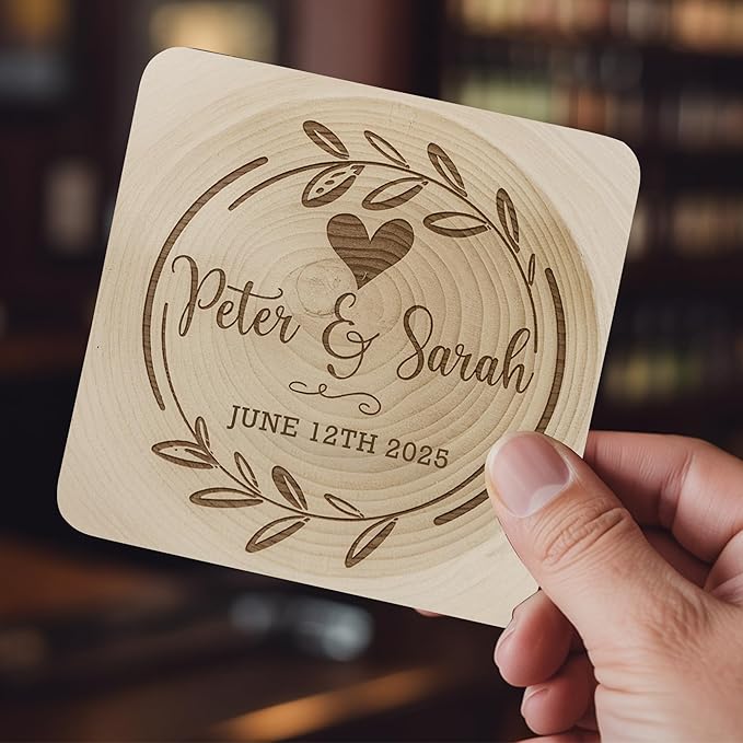 20 Pack Personalized Wedding Coasters, Custom Cardboard Coasters for Drinks with Photo Print and Text, Keepsake Wedding Favors and Gifts for Couples, 4x4 Square, Design 1