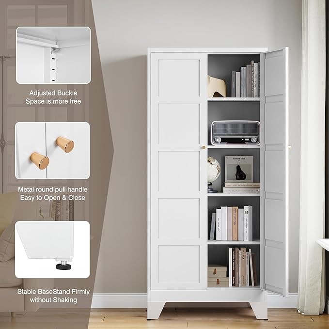 Yizosh Metal Storage Cabinet with 2 Doors and 4 Adjustable Shelves,- 71" White Kitchen Pantry Storage Cabinet for Kitchen,Dining Room,Living Room