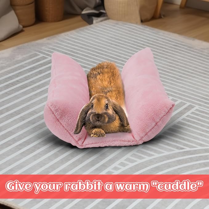 MEWTOGO 14" x 13" Bunny Bed for Rabbit Cage, Thickened & Soft | Prevent Sore Hocks Plush Mat with Cotton Lounger Pillows, Small Animal Flop Mat for Hutch Sleeping Indoor, Pink