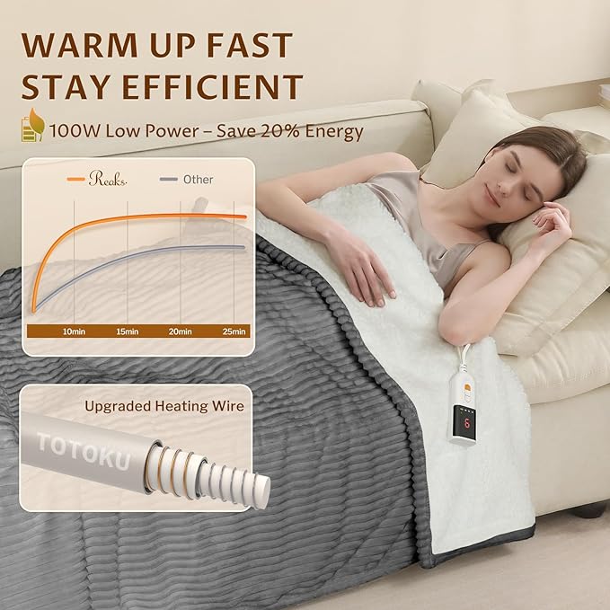 Reaks Electric Heated Blanket Twin, Silky Soft Flannel & Sherpa Twin Electric Blanket with 9 Heat Levels & 2-10 Hours Auto Off, Warm Gifts for Women Mom Grandma, ETL Certified (62x84 inches, Grey)