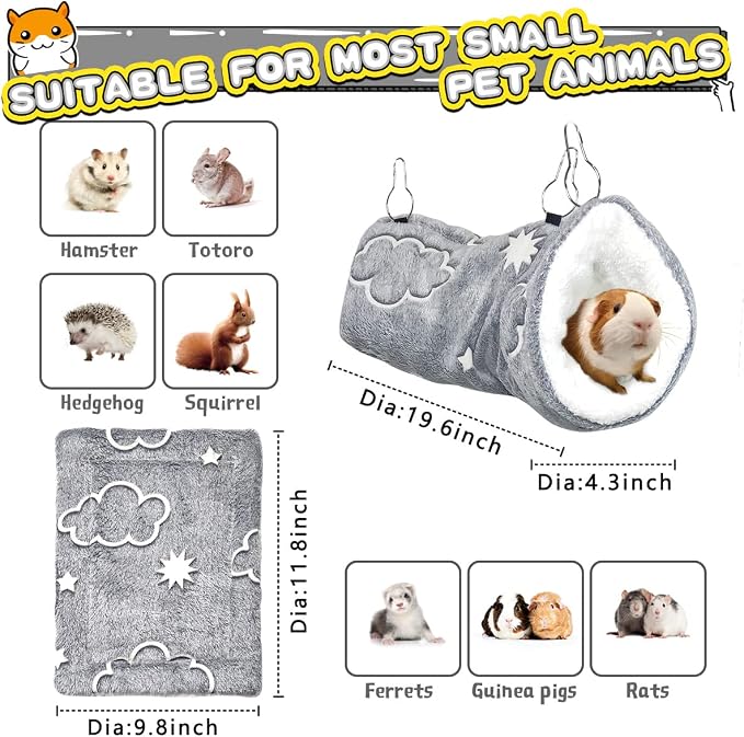 LEFTSTARER Noctilucent Luminous Guinea Pig Rat Hammock Bunkbed Hanging Tunnel and Soft Bed Mat for Ferret Hedgehog Squirrel Hideout Cage Accessories (2.Tunnel Hammock and Mat)