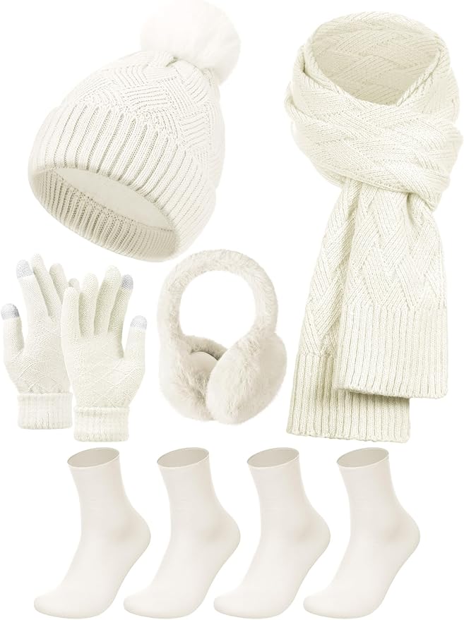 Geyoga 6 Pcs Winter Warm Set for Women Warm Beanies Hats Touchscreen Gloves Long Scarf Ear Muffs Socks Winter Gifts for Women