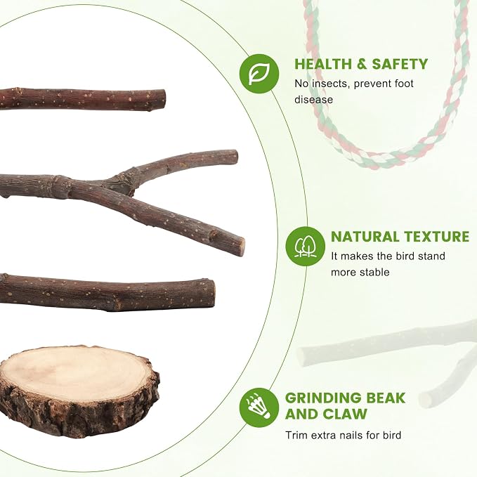 9 Pcs Apple Wood Bird Perch, Platform & Rope Set for Cage | Natural cotton material for foot comfort; natural apple wood for safe chewing; easy tool-free wing-nut setup.