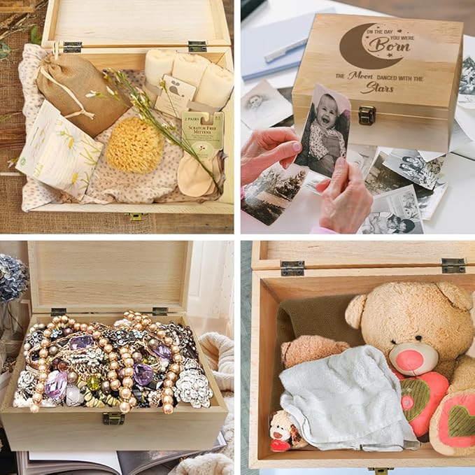 arricraft 1 Pc Wooden Memory Keepsake Box, Moon Pattern Souvenir Box with Hinged Lids for Newborn Girls Boys Storage Box Keepsake to Store Photos, Letters and Valuables 9.6x7.6x4inch