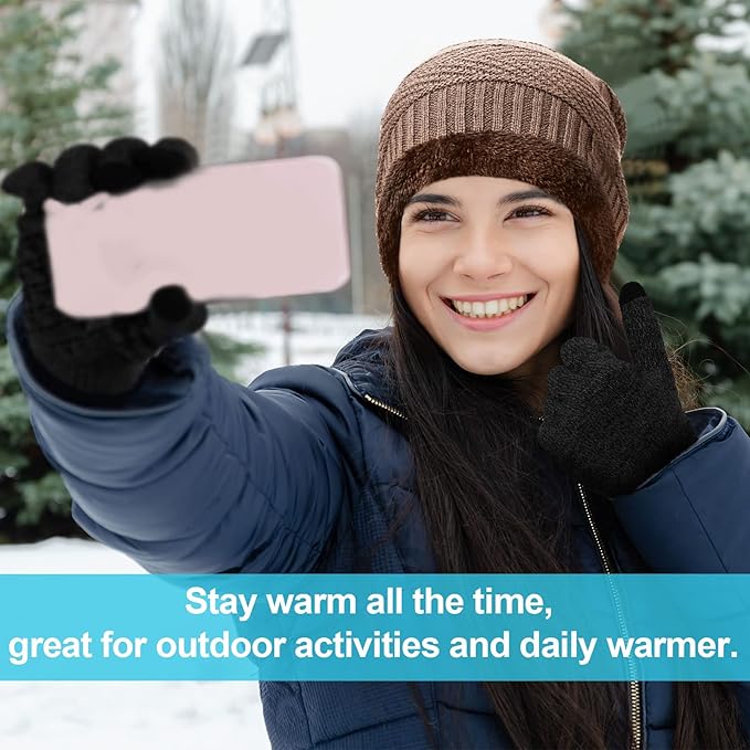 Winter Fleece Lined Beanie Hat Scarf Sock Touchscreen Gloves Set for Men Women