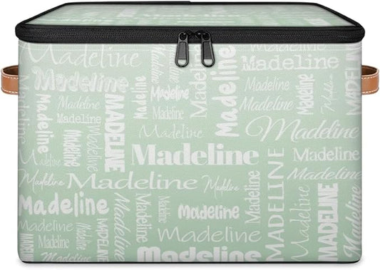 Custom Storage Basket with Name, Personalized Keepsake Box with Zipper Lid, Foldable Fabric Memory Bin Large capacity with Handle Green