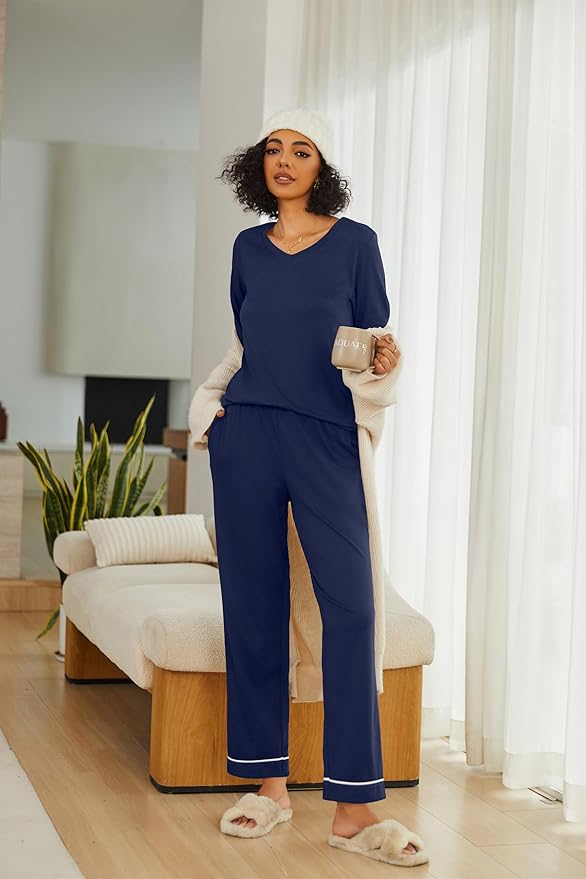 Ekouaer Womens 2 Pack Pajama Set Long Sleeve Pajamas Top and Pants V Neck Pjs Set Soft Loungewear with Pockets